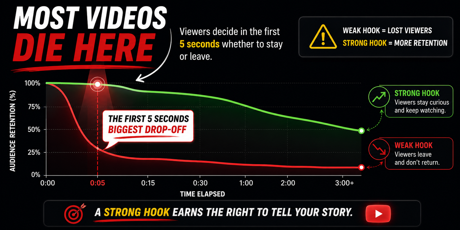 Most YouTube videos lose viewers in the first few seconds if the hook is weak