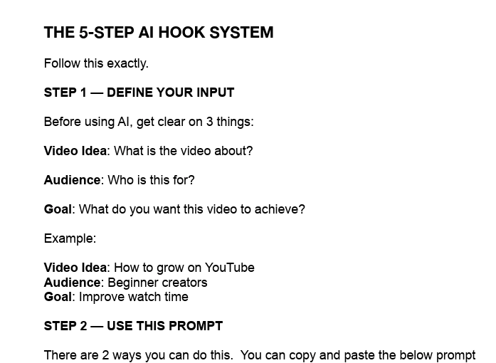 YouTube Hook System PDF preview showing the 5-step AI hook system